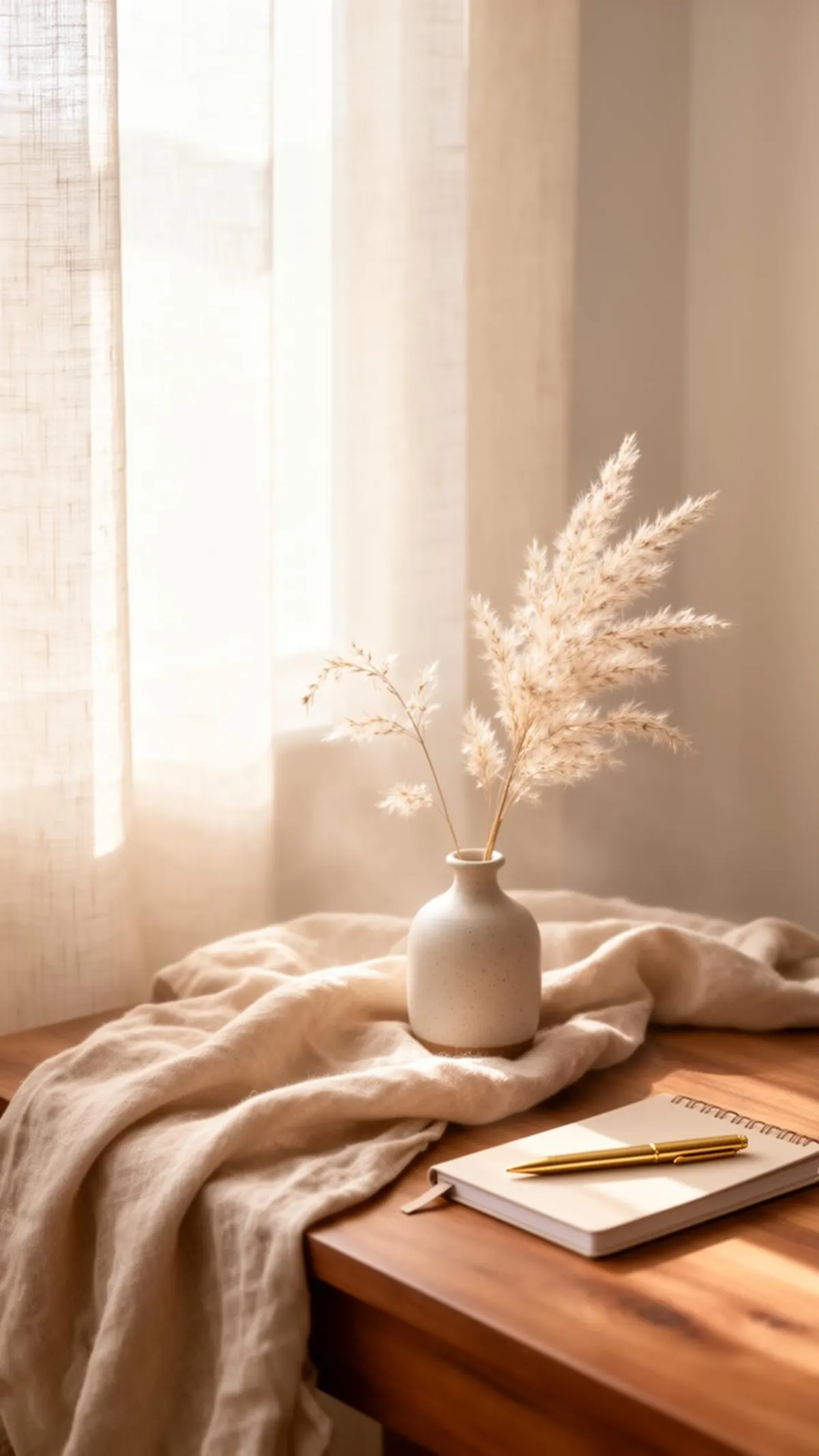 Calm morning light over a journal and dried flowers, a placeholder for Mireille's portrait.